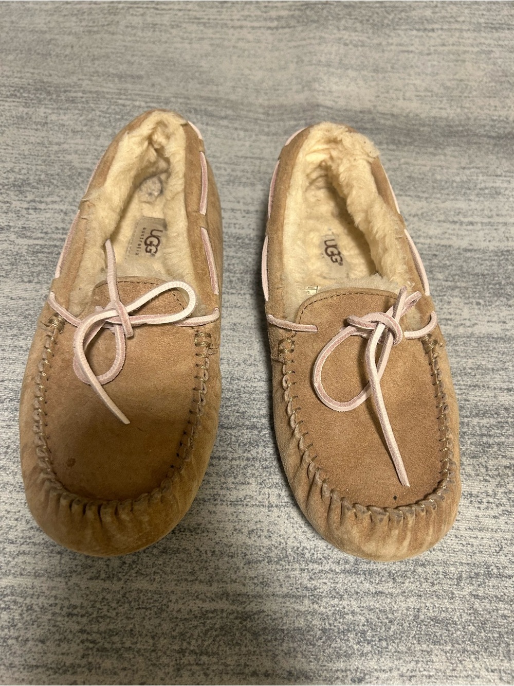 UGG Women's Suede Moccasin Slippers in Chestnut Tan with Cream Shearling